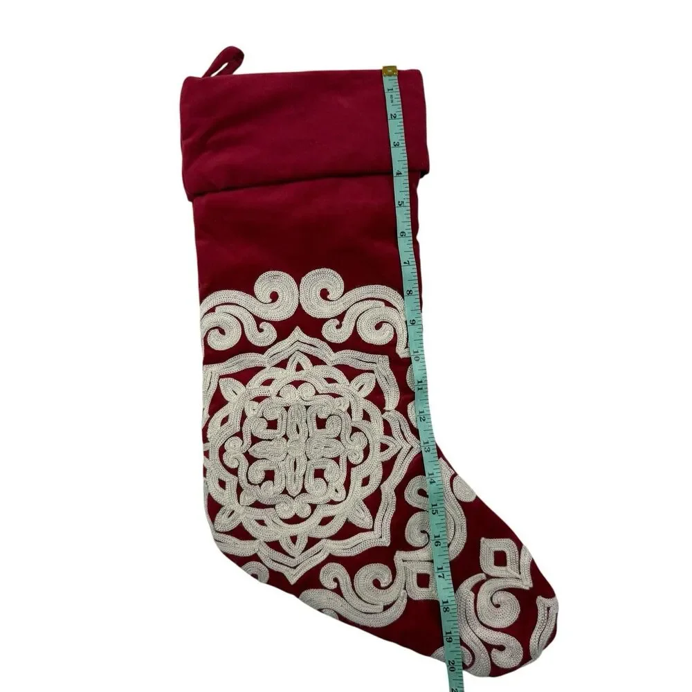 Lot of 2 Pottery Barn Red Velvet Christmas Stocking Embroidered Crewel Snowflake